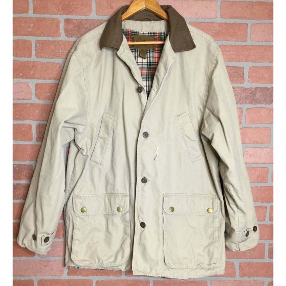 Duck Head Expedition Mens XL Khaki Jacket With Plaid Lining & Leather Collar